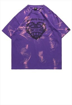 Tie-dye t-shirt barbered wire top heart print tee in purple 