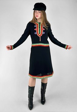 60's Jean Allen Black Long Sleeve Military Style Mini Dress