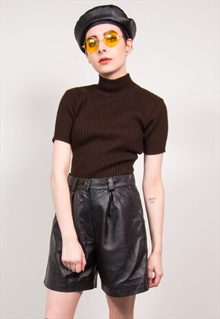VINTAGE 70'S BROWN HIGH NECK KNIT RIBBED TOP
