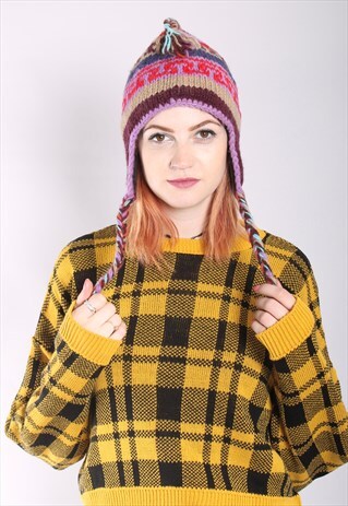 VINTAGE 90S NORDIC KNIT PLAIT WINTER BOBBLE HAT