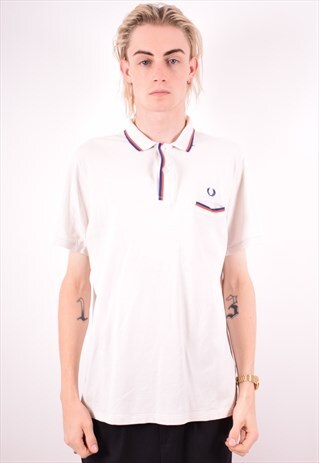 FRED PERRY MENS VINTAGE POLO SHIRT LARGE WHITE 90S