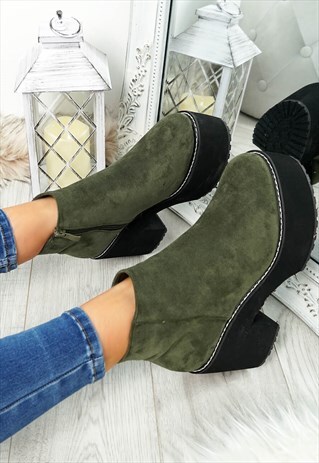 WOMENS GREEN ZIP ANKLE BOOTS BLOCK HEEL PLATFORM SHOES