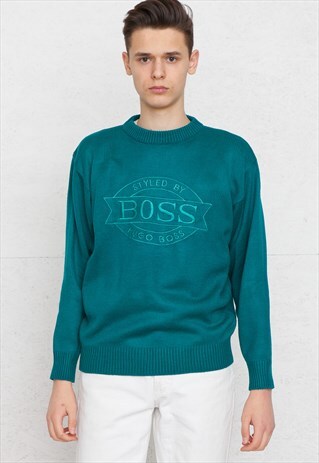 VINTAGE BLUE BOSS ROUND NECK KNIT JUMPER
