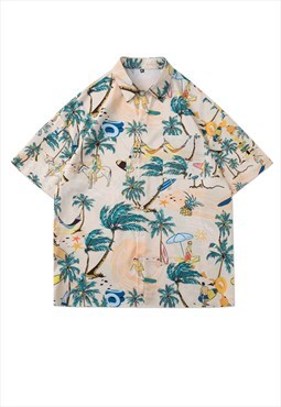 Khaki Beach Oversized Short Sleeve Shirt Y2k Unisex