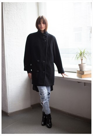 VINTAGE 80'S BLACK WOOL DOUBLE BREASTED COAT