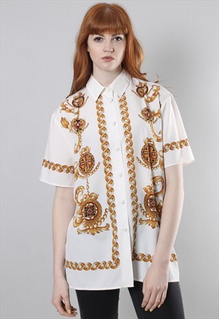 VINTAGE 80S WHITE CHAIN PATTERNED SHIRT BLOUSE TOP