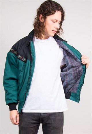 90'S VINTAGE GREEN AZTEC LINED BOMBER STYLE JACKET