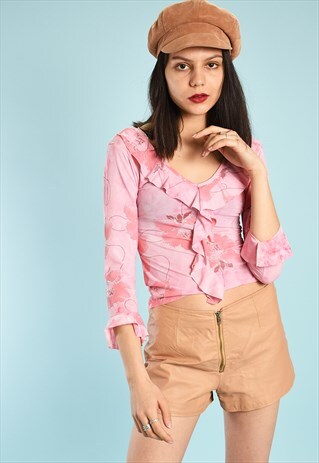 Y2K KITSCH FLORAL SHIMMER DRAPED FESTIVAL TEEN PARTY TOP