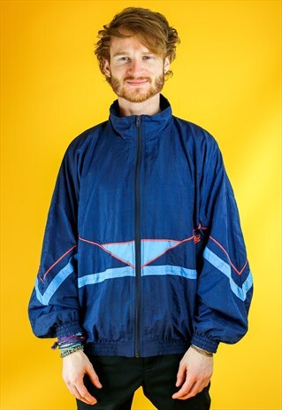 80S GEOMETRIC NAVY LIGHTWEIGHT SHELL JACKET WINDBREAKER