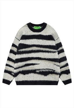 Zebra sweater striped jumper fluffy pullover in black grey