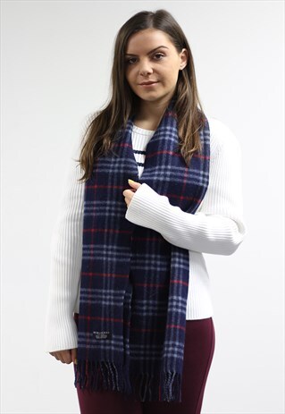 VINTAGE CASHMERE CHECKED SCARF NAVY-AS182