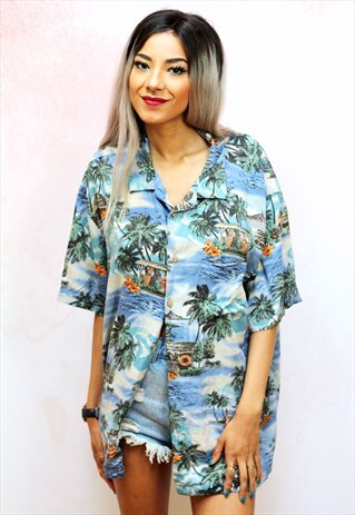1990S VINTAGE BLUEWITH ORANGE HAWAIIAN OVERSIZED SHIRT