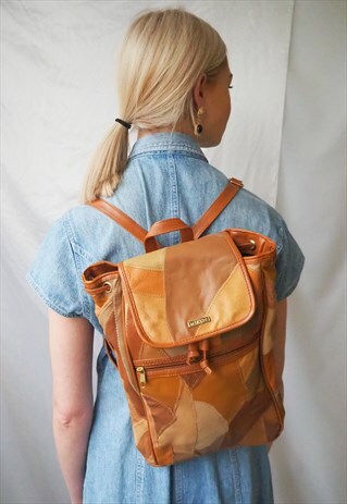 VINTAGE BROWN LEATHER PATCHWORK BACKPACK