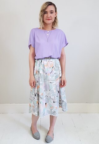 VINTAGE 80'S LILAC TOP AND WATERCOLOUR PRINT SKIRT DRESS