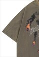 FLAME T-SHIRT BURNING FIRE TEE GRUNGE GRAFFITI TOP GREEN