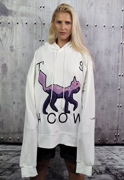 Cow fleece patch hoodie premium y2k animal pullover white