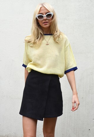 VINTAGE 70S LEMON & NAVY SHEER KNITTED TOP