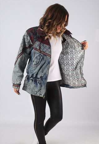 DENIM JACKET 90'S BOMBER OVERSIZED LINED ACID UK 12 (GJDL)