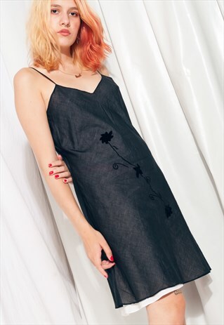 Vintage Slip Dress 90s Grunge Black Cotton Mini Dress