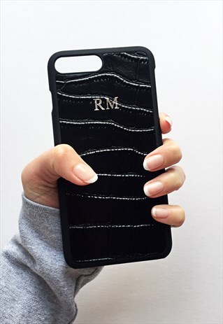 BLACK CROC EFFECT LEATHER MONOGRAM PHONE CASE