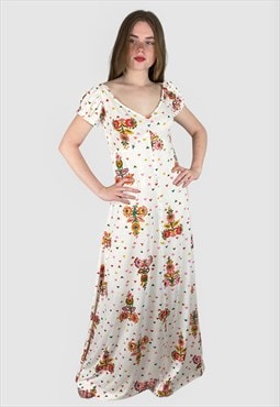 70's Vintage Dress Maxi White Floral Puff Short Sleeve Med