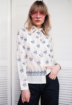 Vintage 70s floral print cream formal shirt blouse