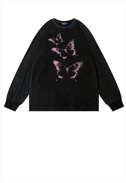 Butterfly top vintage wash long t-shirt neon sweat in black