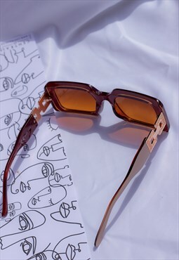 Beige Brown Monogram Sided Rectangle Narrow Sunglasses