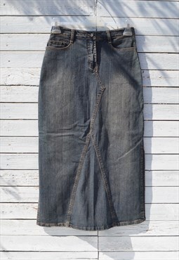 Deadstock blue dusty stretch denim long maxi-mid calf skirt