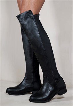 Diem over the knee pull on boots with low heel in black pu