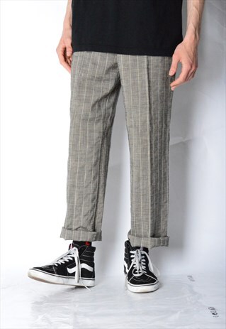 VINTAGE UNISEX GREY STRIPED LINEN BLEND LIGHTWEIGHT PANTS