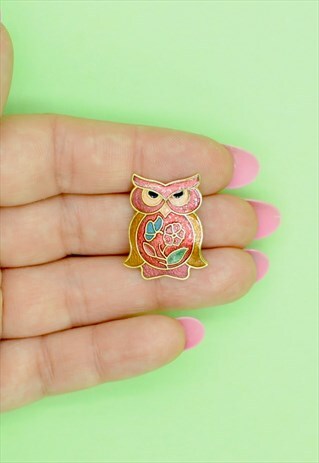 VINTAGE 80S RED OWL FLOWER FLORAL ENAMEL BROOCH PIN