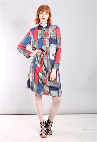 VINTAGE 80S ABSTRACT PATCHWORK PATTERNED SHIRT DRESS