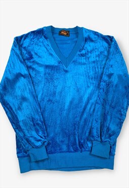 Vintage V-Neck Velour Sweatshirt Blue Large BV17973