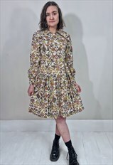 Vintage 70's Cream Brown Dagger Collar Fleur De Lys Dress