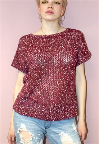 VINTAGE 90S CUTE CASUAL MAROON PLUM LOOSE KNIT JUMPER TOP