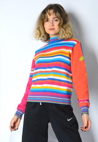 VINTAGE 80S COLOURFUL STRIPED MOCK NECK JUMPER PETITE
