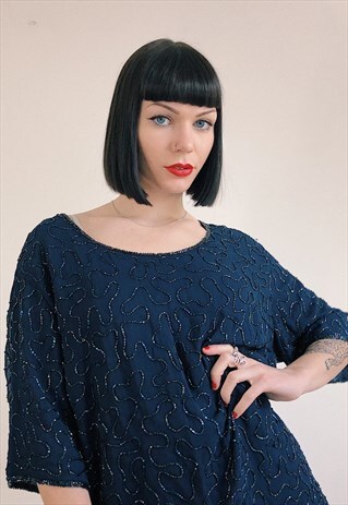 VINTAGE 80S 90S EMBELLISHED BEADED NAVY BLUE BLOUSE