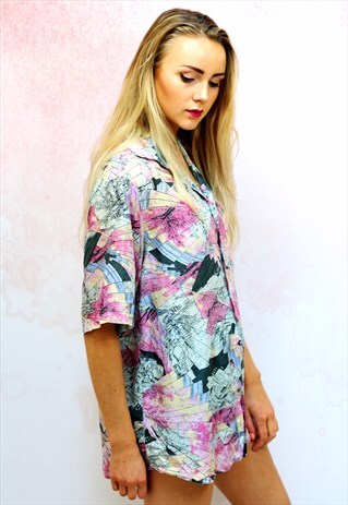 1990S VINTAGE PINK PATTERN OVERSIZED PURE SILK SHIRT