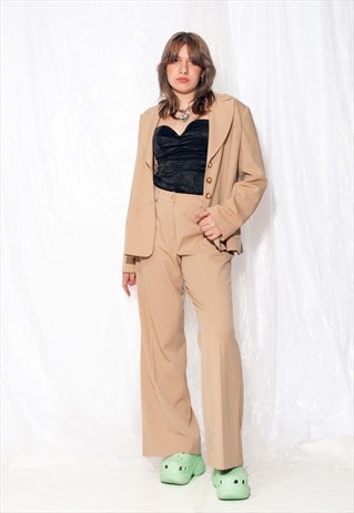 Vintage Suit Y2K Blazer Flare Pants Boss Set in Beige