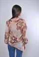FLORAL PRINT, VINTAGE CUTE BROWN BLOUSE WITH QUARTER SLEEVE