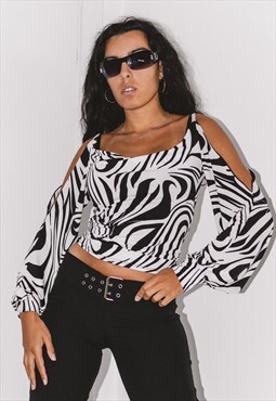 Y2K Zebra Festival Printed Cowl Neck Top 00s