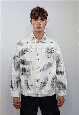 Dirty wash denim jacket paint splatter jean coat in white