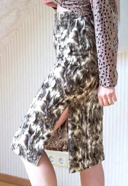 Brown and white animal print faux fur pencil skirt