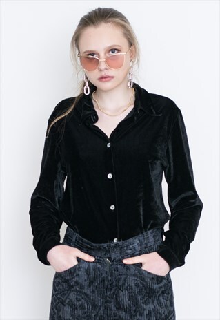 VINTAGE BLACK VELVET LONG SLEEVE RETRO SHIRT