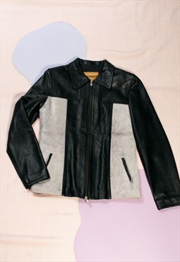 Vintage Leather Jacket Y2K Furry Blazer Coat in Black Grey