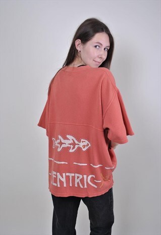 ORANGE OVERSIZE TSHIRT, FISH PRINT WOMEN TEE, SIZE L