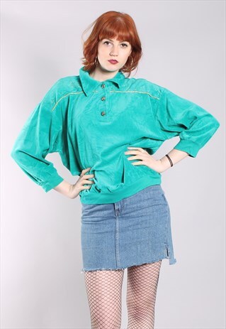 VINTAGE 80S VELOUR CRUSHED VELVET 1/4 BUTTON COLLAR TOP