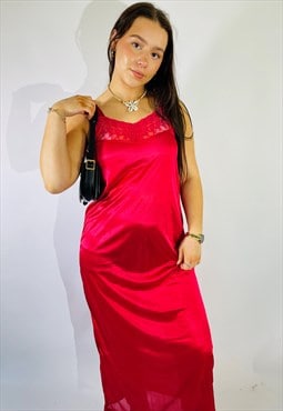 Vintage Size S Satin Lace Maxi Slip Dress in Red
