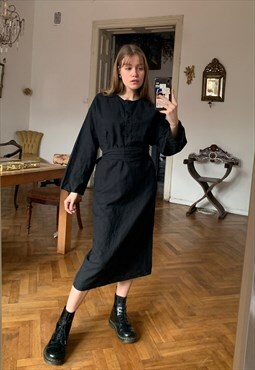 Vintage Black Linen Midi Dress